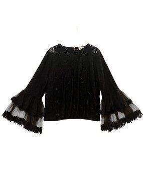Wowo Women’s Lace Blouse Top  Plus Size 1X Black Bell Long Sleeves Whimsigoth